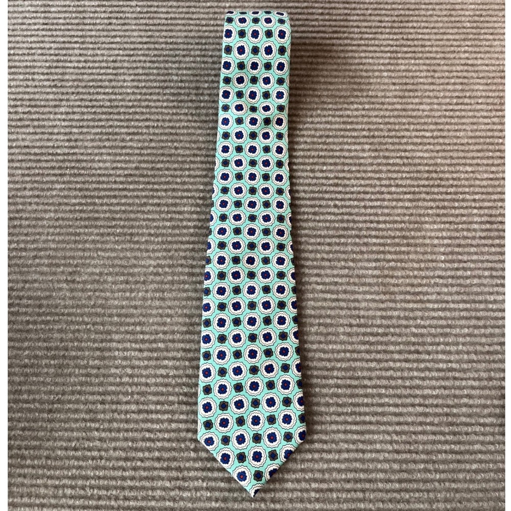 Vintage Resilio Mens Silk Tie Mint Green Navy Blue Geometric Floral Medallion